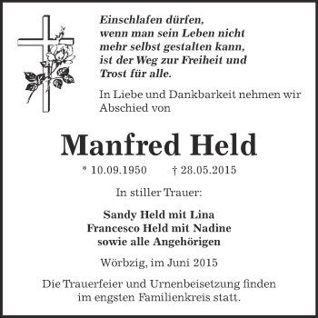 Traueranzeige von Manfred Held von WVG - Wochenspiegel Dessau / Köthen