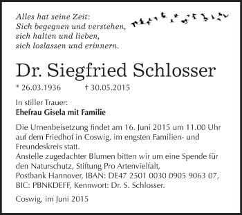 Traueranzeige von Siegfried Schlosser von WVG - Wochenspiegel Wittenberg