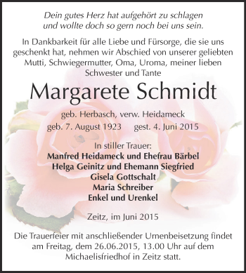 Traueranzeige von Margarete Schmidt von Super Sonntag Zeitz