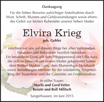 Traueranzeige von Elvira Krieg von Mitteldeutsche Zeitung Sangerhausen