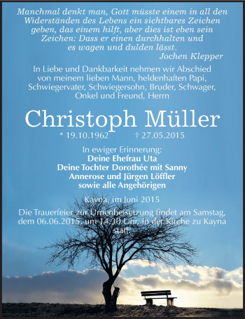 Traueranzeige von Christoph Müller von Mitteldeutsche Zeitung Zeitz