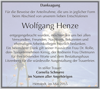 Traueranzeige von Wolfgang Henze von Wochenspiegel Mansfelder Land