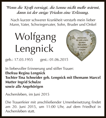 Traueranzeige von Wolfgang Lengnick von Super Sonntag Aschersleben