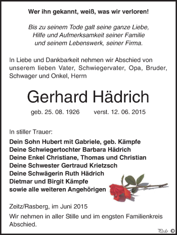 Traueranzeige von Gerhard Hädrich von Super Sonntag Zeitz