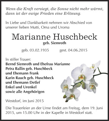 Traueranzeige von Marianne Huschbeck von Super Sonntag Aschersleben