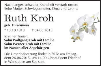 Traueranzeige von Ruth Kroh von Mitteldeutsche Zeitung Mansfelder Land