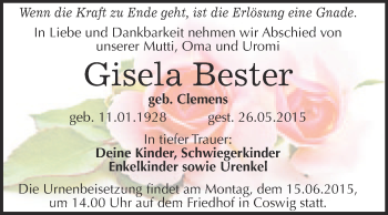 Traueranzeige von Gisela Bester von Super Sonntag Wittenberg