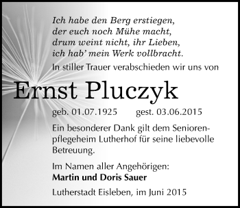 Traueranzeige von Ernst Pluczyk von Mitteldeutsche Zeitung Mansfelder Land