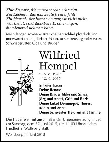 Traueranzeige von Wilfried Hempel von Mitteldeutsche Zeitung Sangerhausen