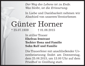 Traueranzeige von Günter Horner von Super Sonntag Bernburg