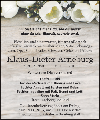 Traueranzeige von Klaus-Dieter Arneburg von Mitteldeutsche Zeitung Bernburg