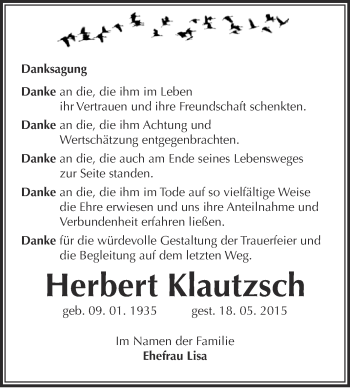 Traueranzeige von Herbert Klautzsch von Super Sonntag Wittenberg