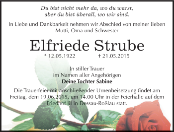 Traueranzeige von Elfriede Strube von Mitteldeutsche Zeitung Dessau-Roßlau