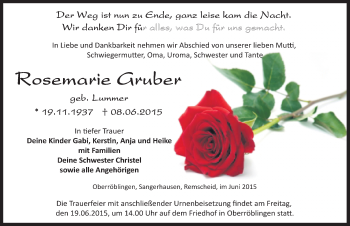 Traueranzeige von Rosemarie Gruber von Mitteldeutsche Zeitung Sangerhausen