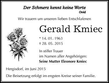 Traueranzeige von Gerald Kmiec von Mitteldeutsche Zeitung Mansfelder Land