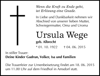 Traueranzeige von Ursula Wege von Mitteldeutsche Zeitung Mansfelder Land