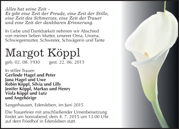 Traueranzeige von Margot Köppl von Mitteldeutsche Zeitung Sangerhausen