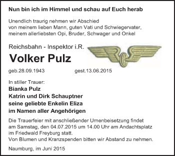 Traueranzeige von Volker Pulz von WVG - Wochenspiegel NMB / WSF / ZTZ