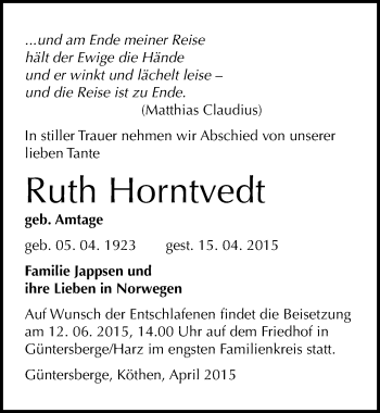 Traueranzeige von Ruth Horntvedt von Mitteldeutsche Zeitung