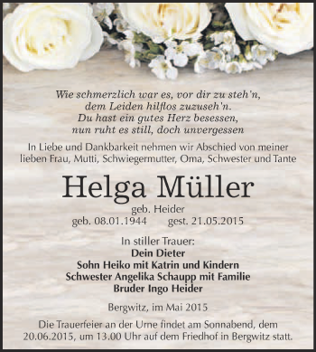 Traueranzeige von Helga Müller von WVG - Wochenspiegel Wittenberg