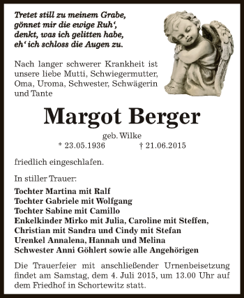 Traueranzeige von Margot Berger von WVG - Wochenspiegel Dessau / Köthen