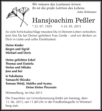Traueranzeige von Hansjoachim Peßler von Mitteldeutsche Zeitung Mansfelder Land