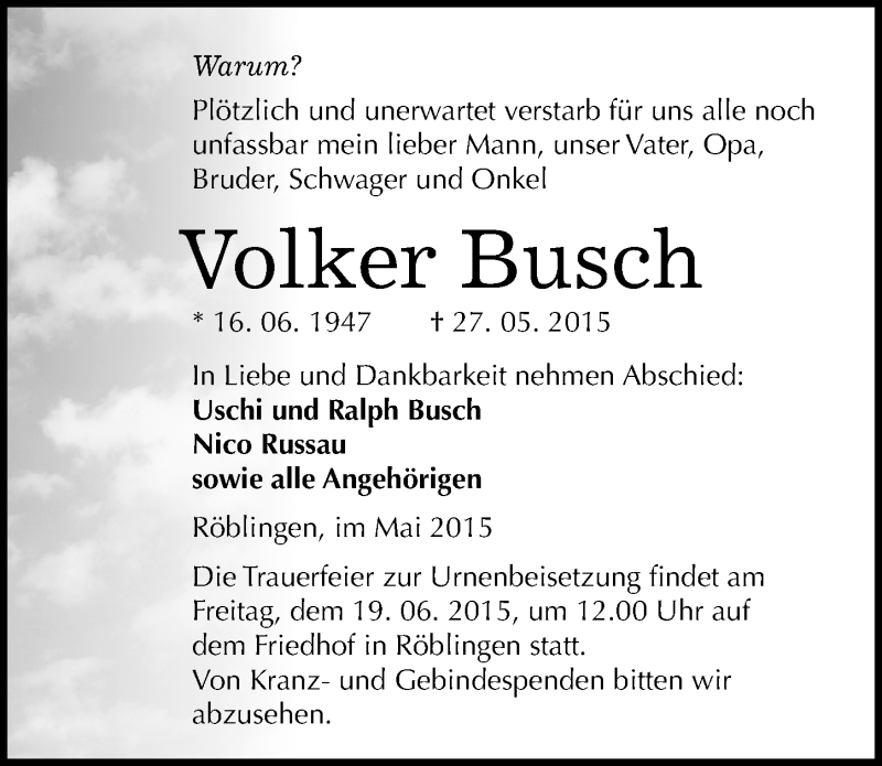  Traueranzeige für Volker Busch vom 02.06.2015 aus Mitteldeutsche Zeitung Mansfelder Land