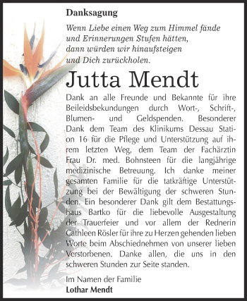 Traueranzeige von Jutta Mendt von WVG - Wochenspiegel Dessau / Köthen