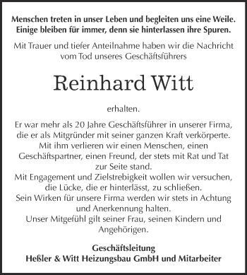 Traueranzeige von Reinhard Witt von WVG - Wochenspiegel Wittenberg