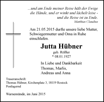 Traueranzeige von Jutta Hübner von Mitteldeutsche Zeitung Wittenberg