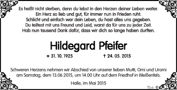 Traueranzeige von Hildegard Pfeifer von WVG - Wochenspiegel NMB / WSF / ZTZ