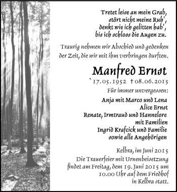 Traueranzeige von Manfreb Ernst von Mitteldeutsche Zeitung Sangerhausen