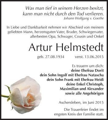 Traueranzeige von Artur Helmstedt von Wochenspiegel Mansfelder Land