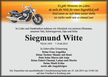 Traueranzeige von Siegmund Witte von Mitteldeutsche Zeitung Wittenberg