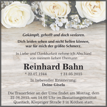 Traueranzeige von Reinhard Bahn von WVG - Wochenspiegel Dessau / Köthen