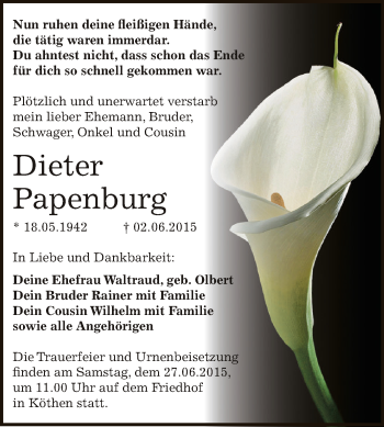 Traueranzeige von Dieter Papenburg von WVG - Wochenspiegel Dessau / Köthen