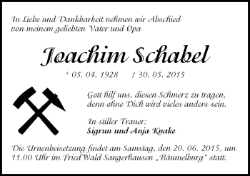 Traueranzeige von Joachim Schabel von Mitteldeutsche Zeitung Sangerhausen