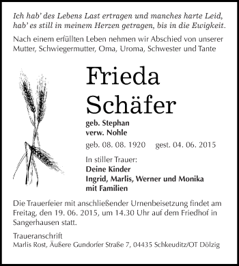 Traueranzeige von Frieda Schäfer von Super Sonntag SGH Mansf. Land