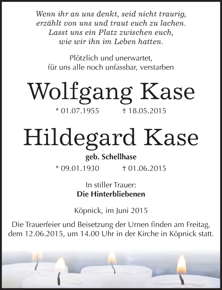  Traueranzeige für Hildegard und Wolfgang Kase vom 03.06.2015 aus Mitteldeutsche Zeitung Wittenberg