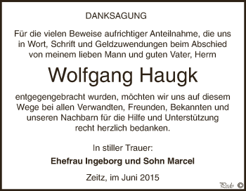 Traueranzeige von Wolfgang Haugk von Super Sonntag Zeitz