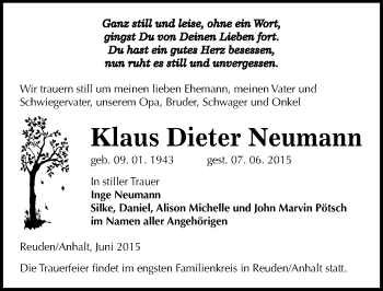 Traueranzeige von Klaus Dieter Neumann von Mitteldeutsche Zeitung Dessau-Roßlau