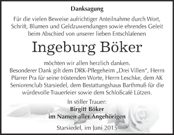 Traueranzeige von Ingeburg Böker von WVG - Wochenspiegel Merseburg