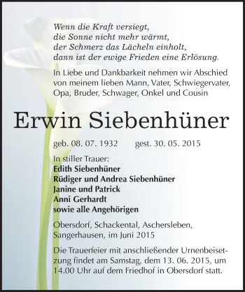 Traueranzeige von Erwin Siebenhüner von Mitteldeutsche Zeitung Sangerhausen