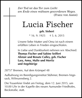 Traueranzeige von Lucia Fischer von Mitteldeutsche Zeitung Naumburg/Nebra