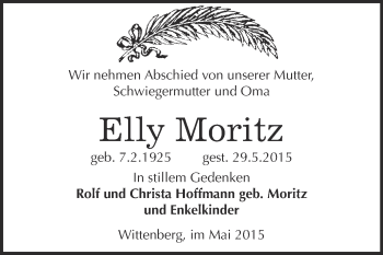 Traueranzeige von Elly Moritz von WVG - Wochenspiegel Wittenberg