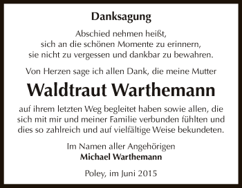 Traueranzeige von Waldtraut Warthemann von Super Sonntag Bernburg