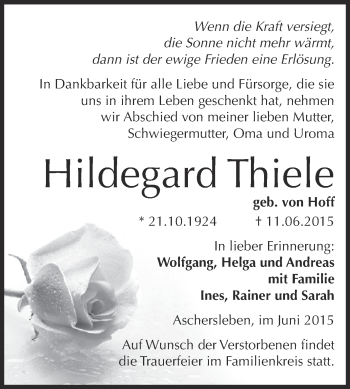 Traueranzeige von Hildegard Thiele von Super Sonntag Aschersleben