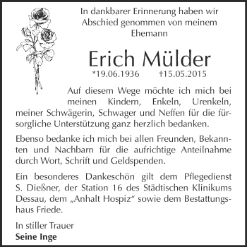 Traueranzeige von Erich Mülder von WVG - Wochenspiegel Dessau / Köthen