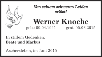 Traueranzeige von Werner Knoche von Super Sonntag Aschersleben