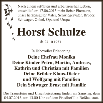 Traueranzeige von Horst Schulze von WVG - Wochenspiegel Dessau / Köthen